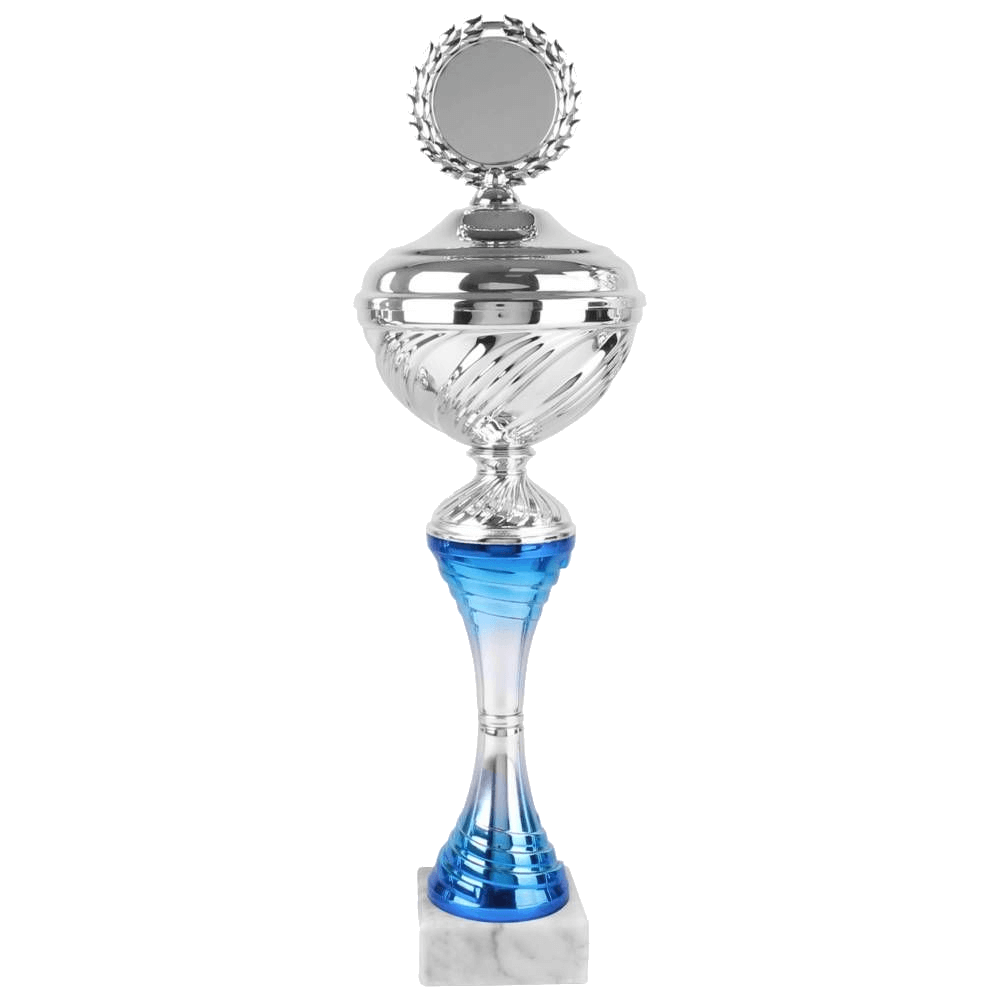 Pokal inklusiv 30 Buchstaben Gravur grau blau